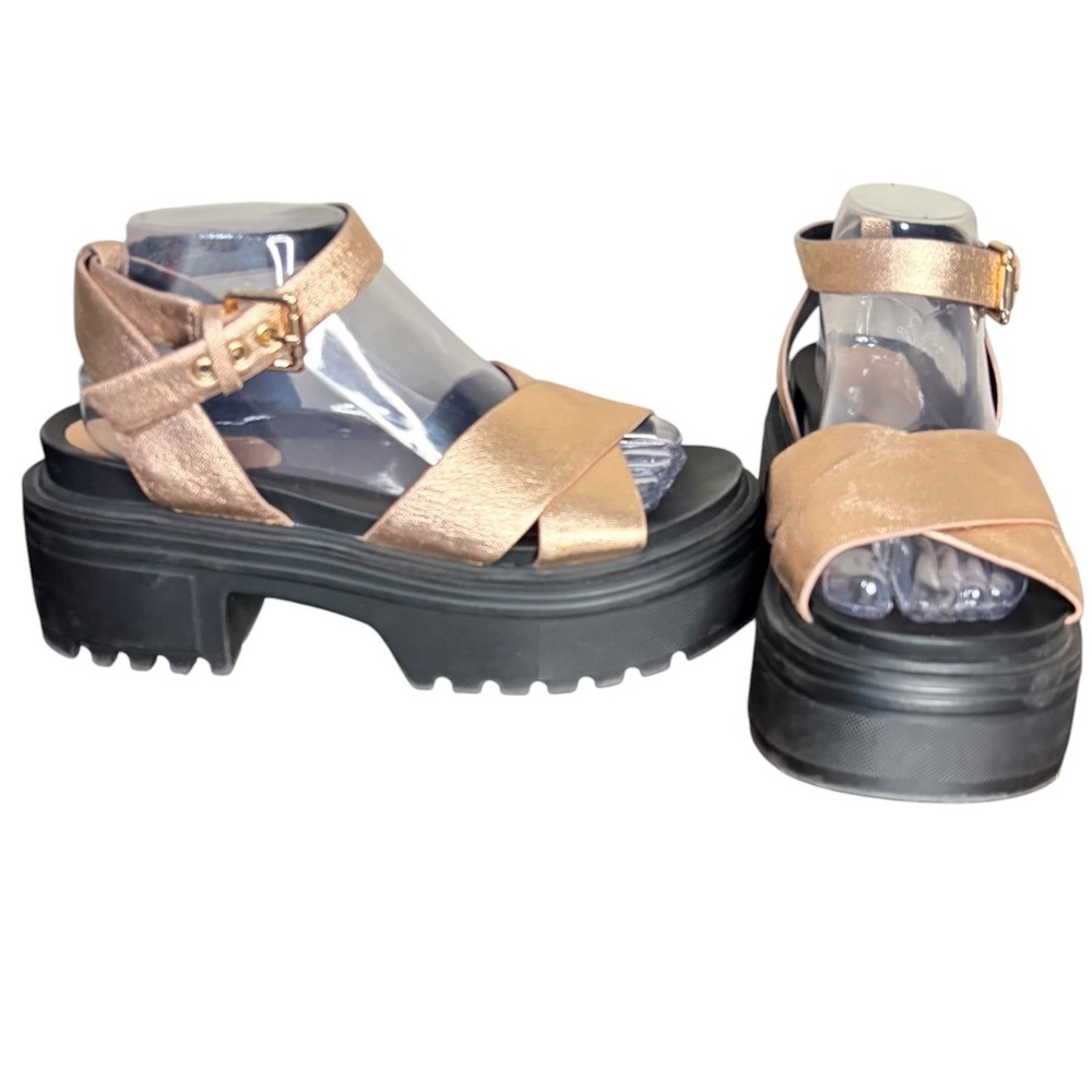 Shellys London Black Platform Sandals Leather Block Heel Women's Size‎ 8.5